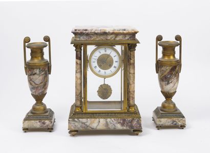 Polychrome marble and bronze mantel set,...