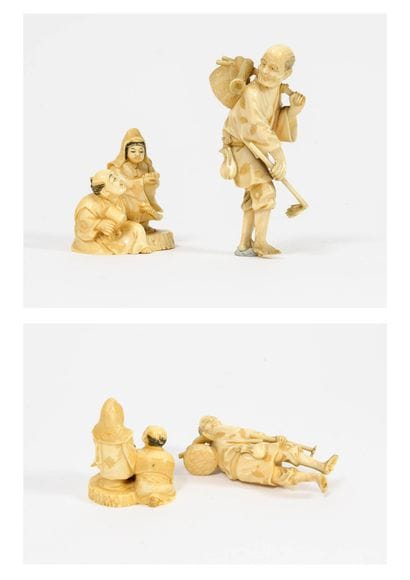 JAPON, Vers 1910-1920
Two ivory okimonos...