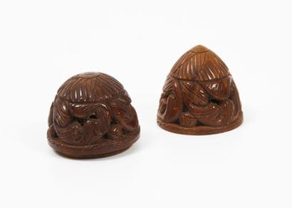 Ovoid rosary box in openwork corozo nut with...