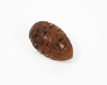 Ovoid rosary box in openwork corozo nut with...