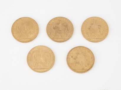 France

Lot de 5 pièces de 20 francs or,...