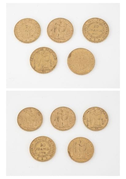 France
Lot de 5 pièces de 20 francs or, Au...