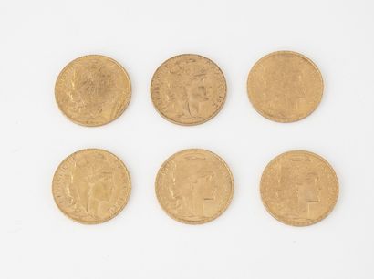 France
Lot de 6 pièces de 20 francs or, Au...