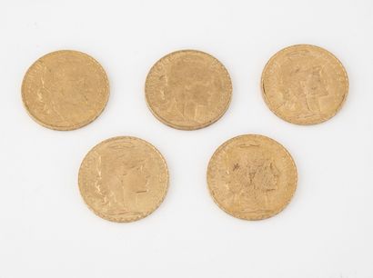 France

Lot de 5 pièces de 20 francs or,...