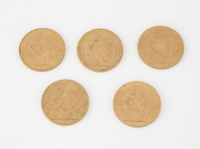 France
Lot de 5 pièces en 20 francs or, Au...