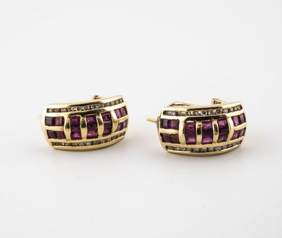 Pair of yellow gold (750) earrings set with...