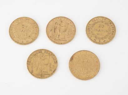 France
Lot de 5 pièces de 20 francs or, Au...
