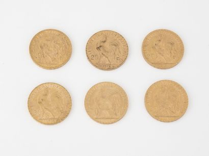 France
Lot de 6 pièces de 20 francs or, Au...