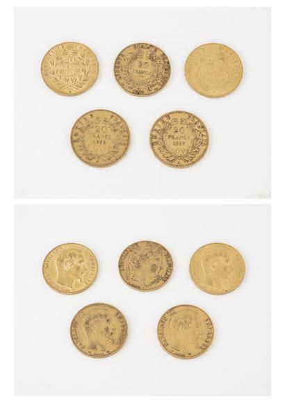 France
Lot de 5 pièces de 20 francs or :...
