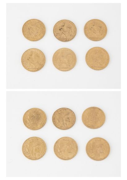 France
Lot de 6 pièces de 20 francs or, Au...