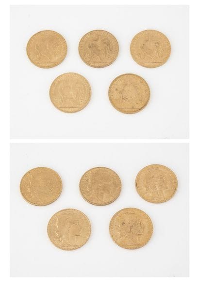France

Lot de 5 pièces de 20 francs or,...