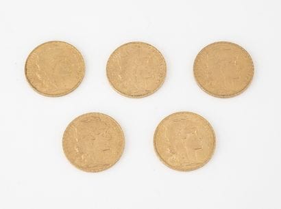 France
Lot de 5 pièces en 20 francs or, Au...
