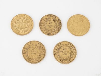 France
Lot de 5 pièces de 20 francs or :...