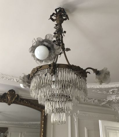 Small round gilt metal chandelier with four...
