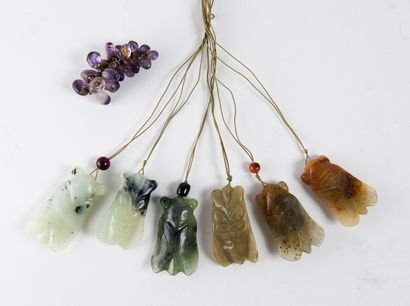 CHINE
Set of six hard stone cicada pendants...