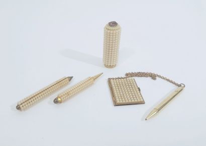 Set of small brass and fancy pearl accessories,...