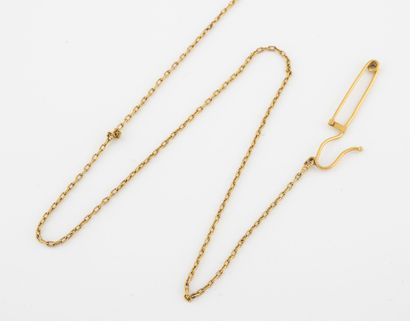 Yellow gold (750) pin brooch holding a chain...