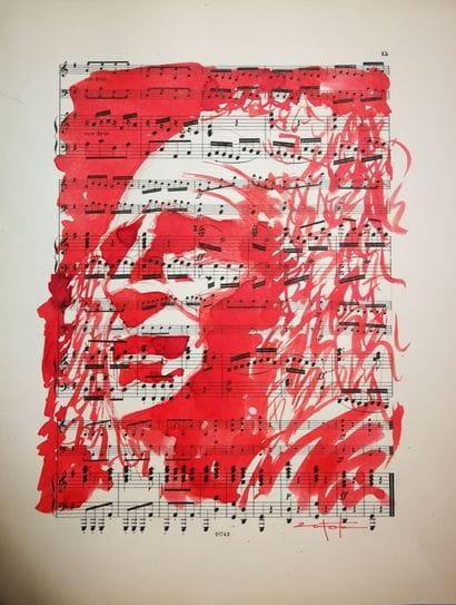 Portrait de Léo Ferré à l'encre sur une partition...