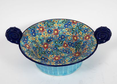 LONGWY
Dish with handles in polychrome enamelled...