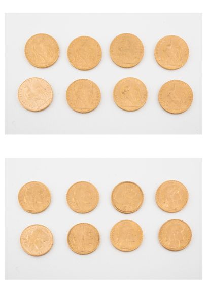 France

Lot de huit pièces de 20 francs or,...