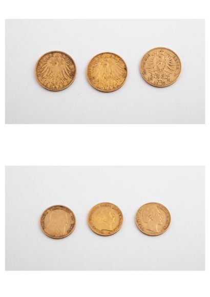 Allemagne
Trois pièces de 10 marks or, 1872,...