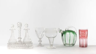 Oil and vinegar cruet with stoppers and stand.

In...