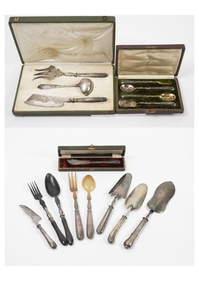 Set of serving pieces with silver handles...