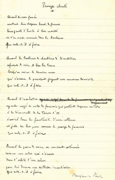 PÉRET Benjamin (1899-1959).
Autograph poem...