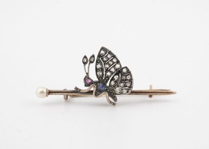Broche ligne en argent (min.800) et or jaune...