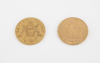 France
Lot de deux pièces de 20 francs or,...