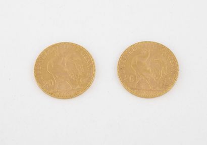 France
Lot de deux pièces de 20 francs or,...