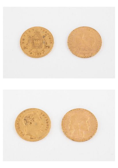 France
Lot de deux pièces de 20 francs or,...