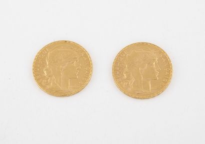 France
Lot de deux pièces de 20 francs or,...