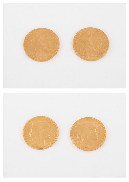 France
Lot de deux pièces de 20 francs or,...