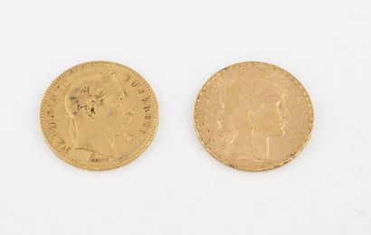 France
Lot de deux pièces de 20 francs or,...