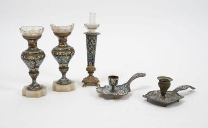 Two candlesticks with hands and three vases,...