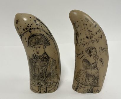 Two scrimshaw reproductions of sperm whale...