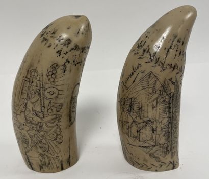 Two scrimshaw reproductions of sperm whale...