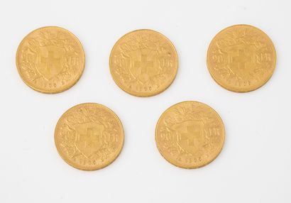 SUISSE
Lot de cinq pièces de 20 francs or,...