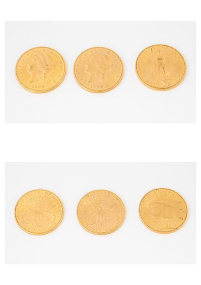ETATS-UNIS
Lot of three 20 dollars gold coins,...