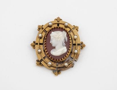 Oval brooch in yellow gold (750) holding...