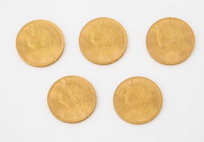 SUISSE
Lot de cinq pièces de 20 francs or,...