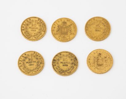 France
Lot de 6 pièces de 20 francs or, Paris...