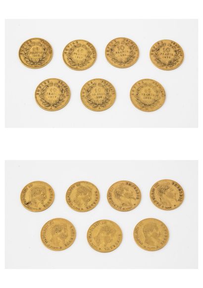France
Lot de sept pièces de 10 francs, or,...