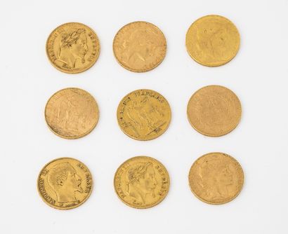 France
Lot de neuf pièces de vingt francs...