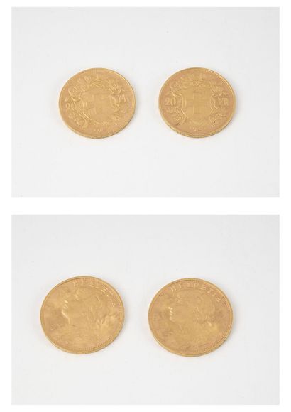 SUISSE
Lot de deux pièces de 20 francs or,...