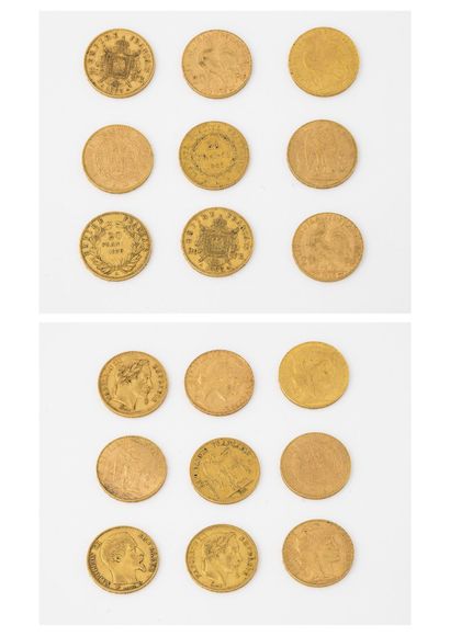 France
Lot de neuf pièces de vingt francs...