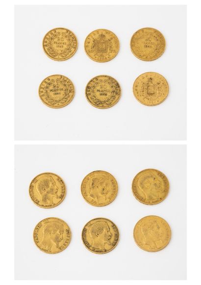 France
Lot de 6 pièces de 20 francs or, Paris...