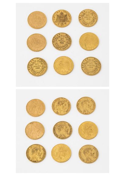 France
Lot de 9 pièces de 20 francs or, Paris,...