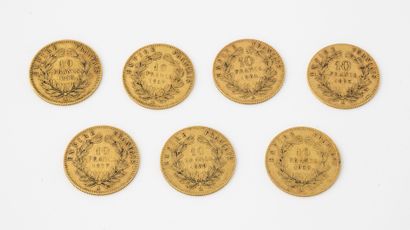 France
Lot de sept pièces de 10 francs, or,...